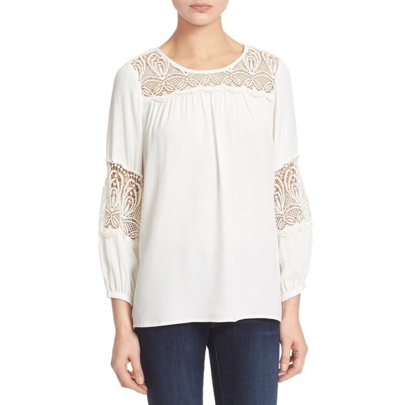 JOIE Coastal Lace Inset White Blouse Top L - Picture 3 of 12